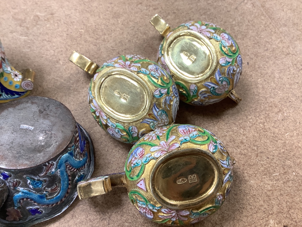 A quantity of enamelled metalware in Russian style